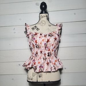 Anthropologie Eva Franco Top Smocked Ruffle Starfish Seashell Beach Coastal.